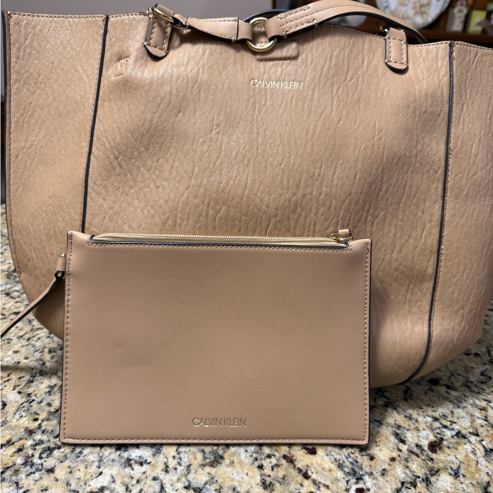 Calvin Klein Nude-Beige Tote with Matching Pouch-measuring 13 x 18 x 5“